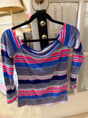 Lilly Pulitzer Blue & Pink Striped Off-Shoulder Long Sleeve Top
